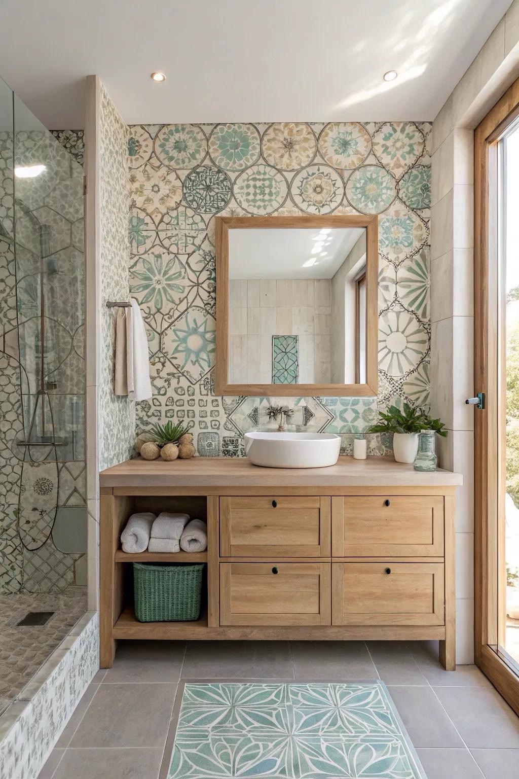 Sage and cream patterned encaustic tile accent wall behind oak vanity, Upland California