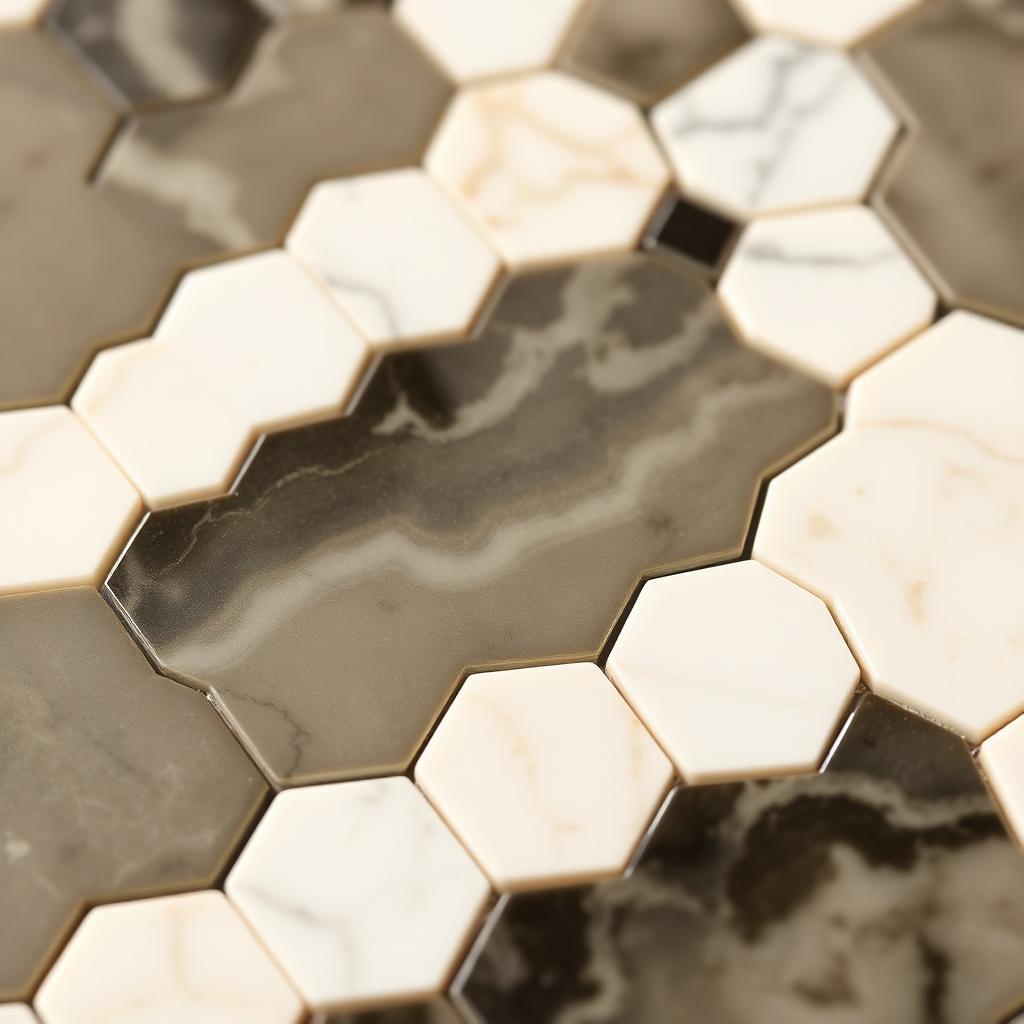 Stone and glass mosaic tile samples at the Upland, California showroom